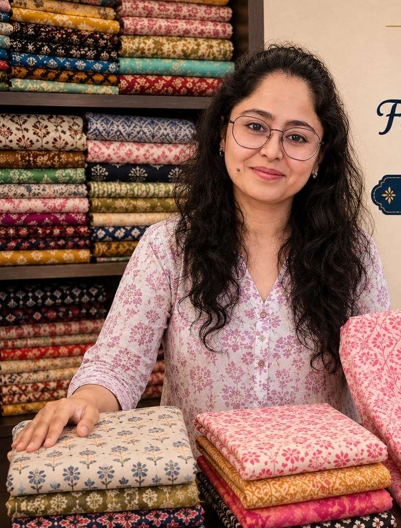Jignasha with a shelf of cotton printed fabrics
